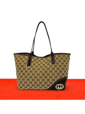 Gucci New Brit GG Logo Pattern Canvas Leather Tote Bag Brown